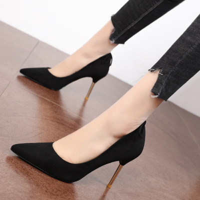 简约OL通勤工作鞋女黑色高跟鞋女春季新款韩版细跟尖头单鞋