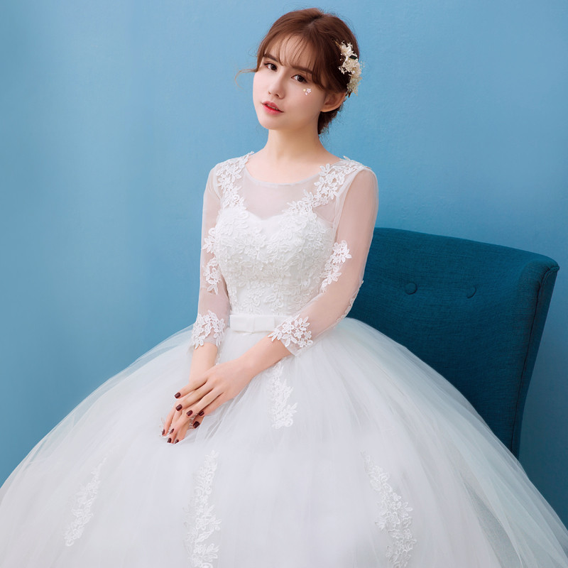 婚纱礼服2018新款韩式一字肩 公主新娘结婚显瘦齐地双肩长袖婚纱