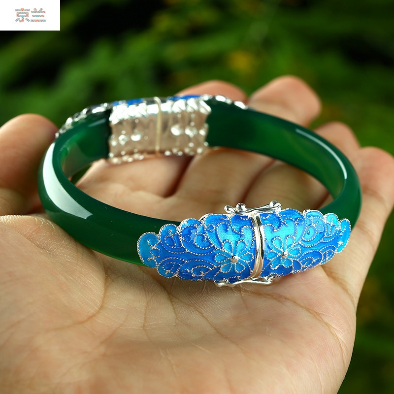jinglan 京兰 景泰蓝镶嵌绿玉髓手环女款玉石手镯首饰品新年礼物