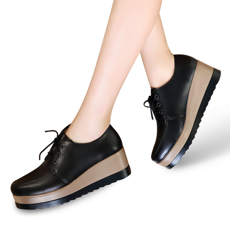 2017新款真皮系带松糕鞋女春秋厚底单鞋黑色加绒保暖坡跟休闲皮鞋