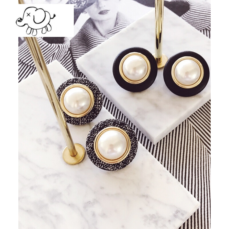 nvwu 日韩粗花呢皮质珍珠大纽扣耳钉女气质复古耳环耳饰