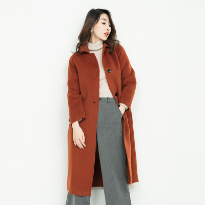 冬款阿尔巴卡双面呢大衣女中长款斜纹过膝毛呢外套羊绒大衣