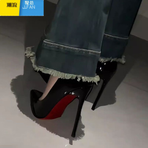 聚范水钻红底高跟鞋女细跟2024新款绝美性感婚鞋黑色漆皮尖头单鞋