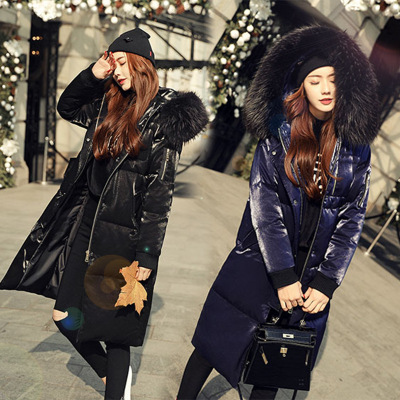 2017冬装新款韩版宽松显瘦时尚超大毛领连帽长款过膝丝绒羽绒服女