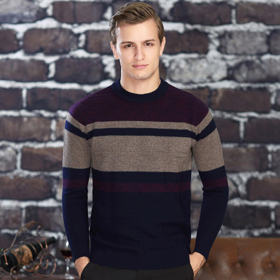 2017全羊毛男式秋冬季新款时尚条纹毛衣男套头圆领男式羊绒羊毛衫