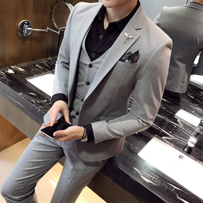 秋季时尚潮流修身男士韩版帅气西服套新郎西装裤子三件套