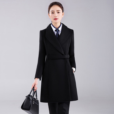 旗下职业装毛呢外套女中长款黑色酒店工装银行工作服呢子大衣女冬加厚