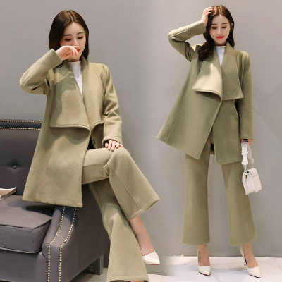 冬装呢子套装女2017新款韩版中长款毛呢外套阔腿裤两件套
