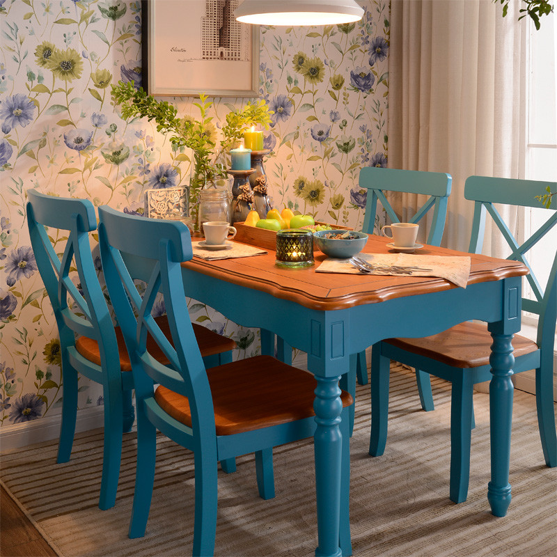 欧式地中海实木餐桌椅组合水曲柳美式乡村田园客厅餐台饭桌子6人4