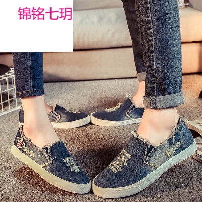 锦铭七玥夏季新款做旧水洗牛仔透气情侣破洞懒人鞋女韩版潮套脚帆布鞋