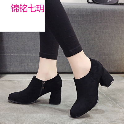 锦铭七玥粗高跟脚踝靴女欧美短靴方头低帮绒面皮侧拉链简约色靴子女