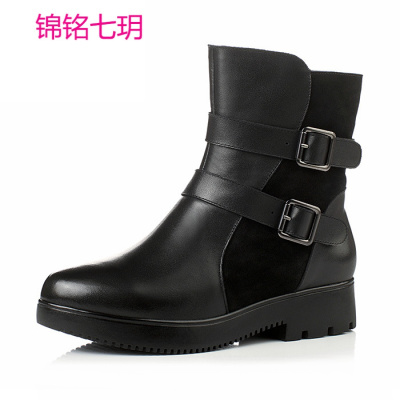 锦铭七玥新品春秋平底真皮短筒靴子黑色低跟马丁靴女短靴小码32