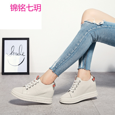 锦铭七玥秋季新款内增高女鞋真皮女单鞋系带厚底松糕鞋韩版坡跟鞋潮女鞋子