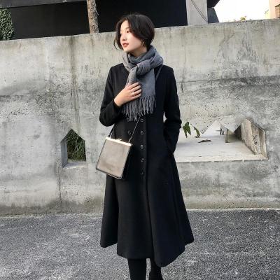 黑色毛呢大衣女50%羊毛大裙摆冬季外套修身中长款呢大衣