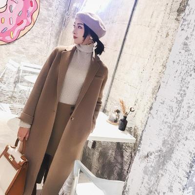 2018新款双面羊毛呢子大衣中长款西装领外套女秋冬款驼色毛呢