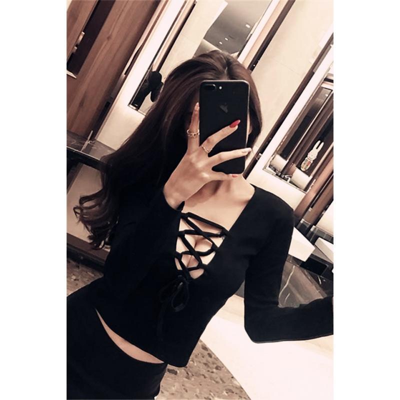 薇姬桑妮夜店女装秋冬性感潮深v低胸t恤修身镂空露胸上衣服长袖打底衫