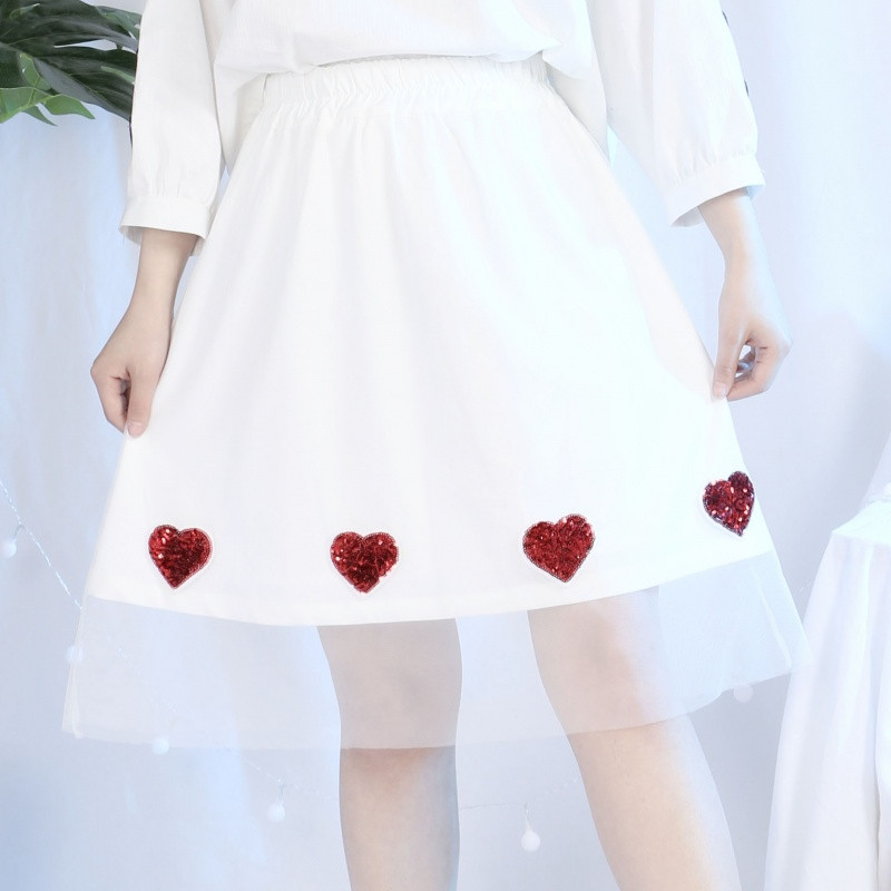 薇姬桑妮小葱良裁原创自制白色网纱亮片爱心半身裙短裙夏
