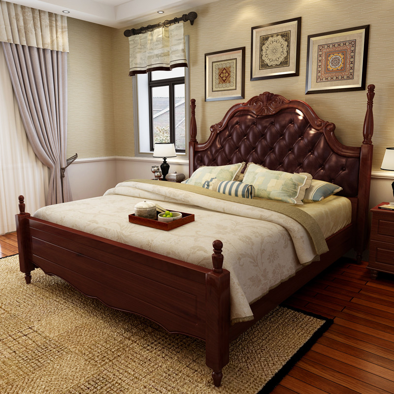 美式床真皮床乡村简约雕花软包深色复古古典1.8高箱主卧全实木