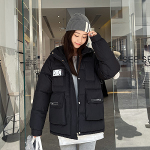 反季时尚韩版工装冬季克莱茵蓝面包服短款宽松小个子连帽棉衣外套