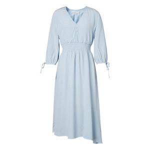 [1件5折价:185]MECITY女装2021夏季新款纯色V领收腰袖口系带女梭织垂感连衣裙