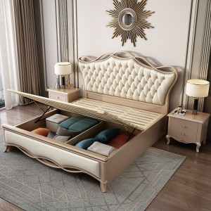 宜木雅居 现代轻奢美式软包床1.8米主卧双人床1.5米实木床高箱床气压储物床