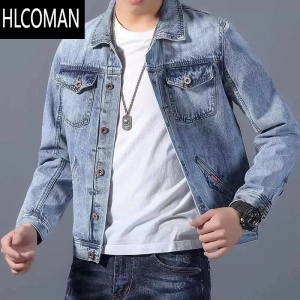 HLCOMAN2023年冬季加绒浅色牛仔外套男韩版修身工装夹克男士加厚p暖棉衣