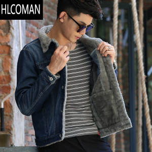 HLCOMAN青少年男士牛仔外套男加绒加厚夹克上衣学生韩版修身棉衣褂