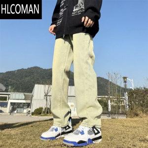 HLCOMAN美式vibe风黑色加绒牛仔裤男厚款高街宽松直筒阔腿裤子男生