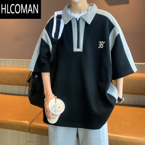 HLCOMAN美式拼接polo衫男夏季撞色翻领短袖T恤学生宽松休闲半拉链五分袖