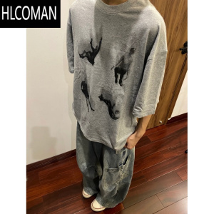 HLCOMAN300g美式复古高街人物印花短袖男T恤小众夏季新款圆领上衣ins