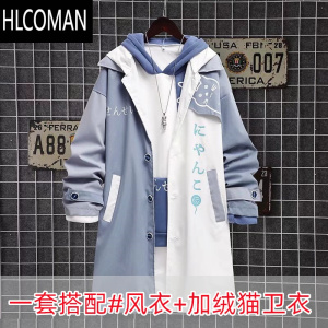 HLCOMAN[装]日系潮牌猫咪卡通风衣男新款潮牌青少年中长款外套