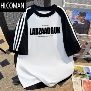 HLCOMAN美式字母印花新款三条杠短袖上衣潮牌高街设计感男女款T恤衫