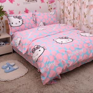 美帮汇热卖粉色猫床单棉床笠枕套被单被套单件三四件套