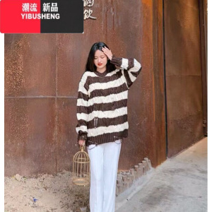 YIBUSHENG新款韩版毛衣女不规则破洞麻花套头中长款条纹针织衫上衣外套