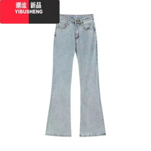 YIBUSHENG小个子浅色微喇叭牛仔裤女春季设计感修身显瘦高腰弹力马蹄长裤