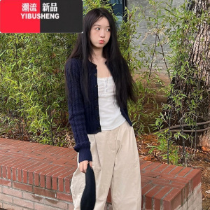 YIBUSHENG藏蓝色单排扣麻花长袖针织开衫女季修身显瘦短款圆领毛衣外套