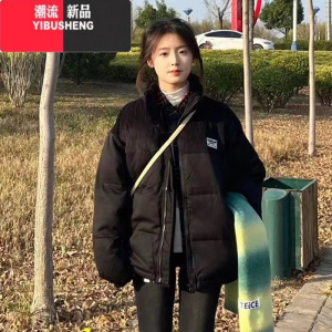 YIBUSHENG2023新款冬季羽绒棉服女外套小个子韩系灯芯绒拼接复古棉衣棉袄女