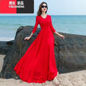 YIBUSHENG2024年新款雪纺红色连衣裙长裙春秋女长款显瘦显高气质季到脚踝