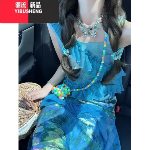 YIBUSHENG法式复古度假仙的裙子蓝色油画吊带连衣裙设计感小众甜美高级裙