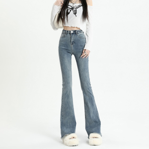 SHANCHAO微喇牛仔裤女2023新款拖地毛边设计高腰显瘦马蹄喇叭裤