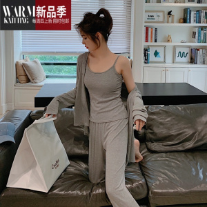 SHANCHAO睡衣女2023年新款高级感大码带胸垫可外穿家居服三件套装