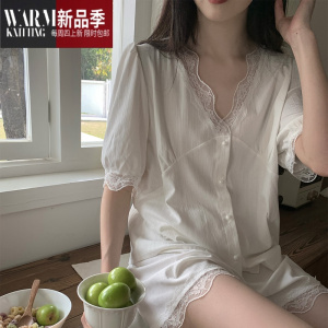 SHANCHAO纯色睡衣女款薄款蕾丝短袖大码2023年新款夏季家居服套装