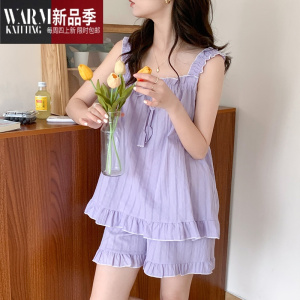 SHANCHAO吊带睡衣女夏款2022年新款夏季性感荷叶边紫色短裤套装家居服