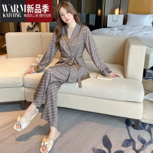 SHANCHAO睡衣女2023年新款网红高级感长袖吊带睡袍家居服三件套装
