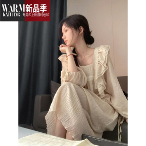 SHANCHAO夏季2023年新款睡衣女网红风高级感薄款长袖棉麻睡裙家居服连衣裙