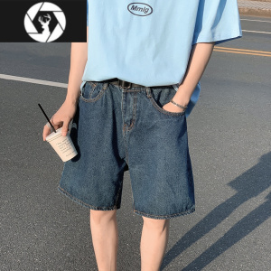 HongZun蓝色牛仔短裤男夏季薄款宽松直筒沙滩裤高街潮牌ins休闲五分裤子