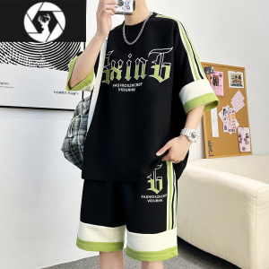 HongZun男生酷帅短袖t恤穿搭一整套夏季套装休闲运动华夫格男装搭配帅气