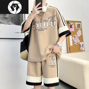 HongZun男生酷帅短袖t恤穿搭一整套夏季套装休闲运动华夫格男装搭配帅气