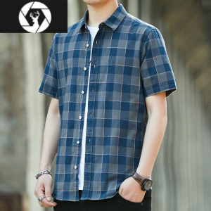 HongZun夏季薄款男士短袖衬衫2023新款宽松休闲格子衬衣男半袖上衣服