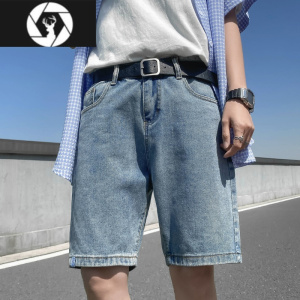 HongZun牛仔裤男士夏季薄款宽松直筒五分裤子2023年新款潮牌浅色休闲短裤
